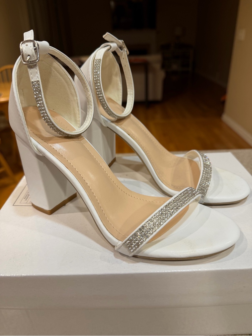 SHEIN White Crystal Ankle-Strap Block Heels